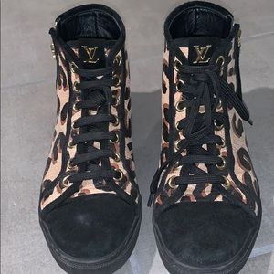LV high top suede cheetah print sneakers
